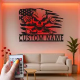 Panneau de garage mécanicien personnalisé | Art mural en métal crâne avec LED | Décor de cave à vin avec drapeau américain | Cadeau pour lui
