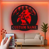 Décoration murale en métal personnalisée de loup hurlant avec rétroéclairage LED - Cadeau personnalisé pour les amoureux de la nature - Décor de cabane rustique