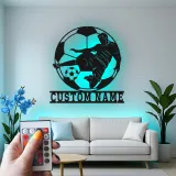 Cartel de Metal de Jugador de Fútbol Personalizado | Arte Mural LED Deportivo | Regalo con Nombre Personalizado para Atletas | Decoración de Habitación de Niños