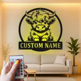 Insegna LED Highland Cow personalizzata | Arte da parete in metallo personalizzata | Decorazione moderna per casa e business