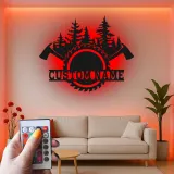 Cartel de hachas cruzadas personalizado | Arte mural LED de sierra circular | Decoración de leñador personalizada | Regalo para carpinteros | Cartel de cabaña rústica