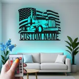 Personalized Semi Truck Metal Art | LED American Flag Sign | Patriotic Trucker Decor & Gift for Man Cave | Laser Cut Steel