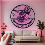 Great Horned Owl Metal Wall Art | Personalized LED Name Sign | Custom Bird Silhouette Decor for Home & Office | Nature Lover Gift