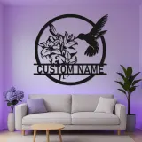 Hummingbird & Lily LED Metal Wall Art | Personalized Name Sign for Home | Custom Floral Bird Decor for Garden Lovers
