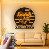 Décoration murale en métal personnalisée avec bulldog et drapeau américain éclairée LED - Cadeau patriotique pour les amoureux des chiens