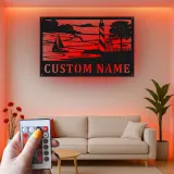 Panneau en métal de phare | Signalisation côtière LED | Décor personnalisé de maison de plage | Cadeau de silhouette de voilier nautique