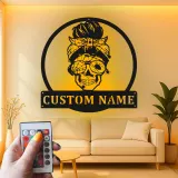 Cartel LED de Mujer Calavera Personalizado | Decoración Mural de Metal Gótica Personalizada | Decoración Retro con Nombre para Ella