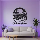 Art Murale en Métal Tortue de Mer LED | Panneau de Nom Personnalisé | Décor Nautique de Plage | Silhouette de Faune Marine sur Mesure