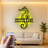Panneau Métal LED Hippocampe Personnalisé | Décoration Murale Nautique Personnalisée | Décor Maison Côtière & Cadeau pour Amoureux de l'Océan