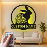 Personalized Rabbit Sign with LED | Custom Floral Bunny Metal Wall Art | Boho Nursery Decor | Unique Easter & Rabbit Lover Gift