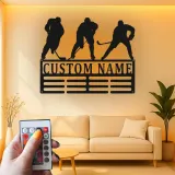Panneau prénom hockey personnalisé | Décoration murale en métal LED pour salle de jeux | Silhouette de joueur personnalisée | Cadeau pour amateur de sport