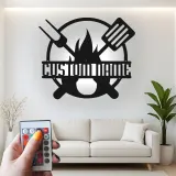 Insegna in metallo personalizzata con BBQ Grill e luce LED regalo personalizzato per maestro della griglia decorazione per patio all'aperto