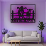 Insegna in metallo LED personalizzata con mucca e vitello - Regalo per agricoltori - Decorazione rustica per fienile