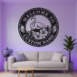 Individuelles Flamingo LED Schild | Personalisierte Metall Wandkunst | Tropische Hibiskus Willkommensdekoration für Terrasse & Außenbereich | Einweihungsgeschenk Idee