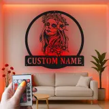 Personalisierte LED-Metall-Wandkunst „Tag der Toten“ Frau – Geschenk für Sie, Wohn- oder Schlafzimmerdeko
