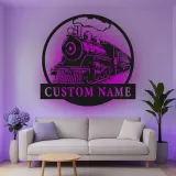 Décoration murale en métal personnalisée de train à vapeur avec rétroéclairage LED - Cadeau pour passionnés de trains, décoration pour man cave ou bureau