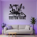 Insegna LED personalizzata con chitarra e pianoforte | Arte in metallo con note musicali | Decorazione con nome per studio musicale