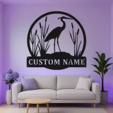 Insegna in metallo personalizzata con Airone e luci LED | Arte murale di fauna selvatica personalizzata | Decorazione per patio esterno per casa al lago | Regalo per amanti degli uccelli