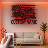 Enseigne personnalisée pour pompier en métal | Décoration murale LED camion de pompiers | Déco de caserne et cave à homme sur mesure | Cadeau pour pompier