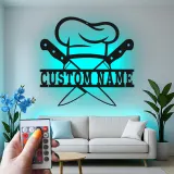Décoration murale en métal personnalisée Chapeau de Chef et Couteaux avec rétroéclairage LED