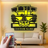 Custom Camper and Firepit Led Light Metal Wall Art Personalized Camping Gift Outdoor Patio Decor