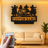 Panneau en métal de moto personnalisé avec LED | Art mural de nom de biker sur mesure | Décoration de cave à vin et garage | Cadeau pour pilotes