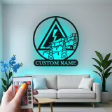 Art mural en métal LED d'électricien | Enseigne personnalisée de lineman avec lignes électriques | Décor industriel personnalisé pour bureau et garage
