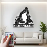 Décoration murale en métal personnalisée avec rétroéclairage pour excavateur - Cadeau de construction pour lui - Décor de garage pour passionnés d'équipement lourd