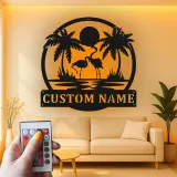 Insegna LED fenicottero personalizzata | Arte da parete in metallo per patio e piscina | Decorazione tropicale con palma