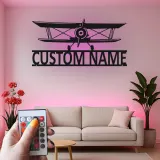 Personalisierte Biplan LED Licht Metall-Wandkunst – Geschenk für Piloten, Hangar oder Büro Dekor
