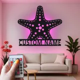 Letrero LED personalizado con estrella de mar | Arte mural de vida marina en metal | Regalo de decoración costera para casa de playa