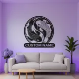 Cartel de metal de peces Koi Yin Yang | Arte mural LED personalizado | Decoración japonesa zen personalizada para sala de meditación y estudio
