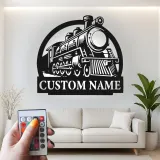 Insegna in metallo personalizzata con luce LED di locomotiva a vapore per appassionati di treni, regalo per man cave o decorazione per ufficio