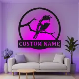 Custom Bird on Branch Led Light Metal Wall Art Personalized Nature Lover Gift Living Room or Garden Decor