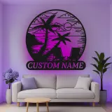 Décoration murale en métal personnalisée coucher de soleil sur la plage avec rétroéclairage LED cadeau côtier pour couples décoration de salon ou patio