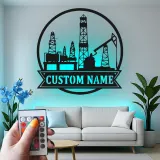 Cartel LED personalizado de torre petrolífera | Arte mural de metal personalizado | Decoración industrial para trabajador del petróleo y regalo para roughneck