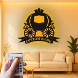 Cartel de carroza de calabaza personalizado | Arte mural de metal para guardería | Decoración temática de princesa con luces LED para habitación de niña