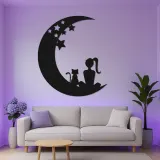 Art mural LED en métal Fille et chat | Panneau silhouette lune et étoiles | Déco rétroéclairée pour chambre bébé et chambre | Cadeau personnalisé pour amoureuse des chats