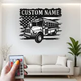 Personalized School Bus Driver LED Sign | American Flag Metal Wall Art | Custom Name Gift for Garage or Office Decor