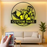 Décoration murale en métal personnalisée avec rétroéclairage Bulldozer - Cadeau pour passionnés de construction - Décor de garage ou atelier