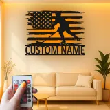 Personalized Hockey Player Metal Sign | Custom Name LED Wall Art with USA Flag | Game Room Decor for Sports Fan