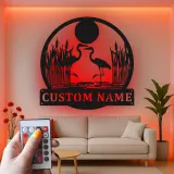 Arte murale in metallo con Airone e luci LED | Insegna personalizzata con nome per casa al lago | Regalo personalizzato per amanti degli uccelli | Decorazione di fauna selvatica per patio