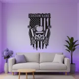 Cartel de Metal LED Personalizado con Calavera y Armas | Arte Mural Patriótico de la Bandera Americana | Regalo Personalizado para Veteranos Militares para Cueva de Hombre o Garaje