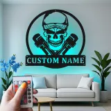 Insegna LED Teschio Idraulico | Decorazione Garage Personalizzata per Uomini | Arte da Parete con Nome Personalizzato per Officina | Luce Industriale per Man Cave