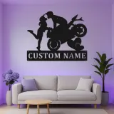 Panneau en métal moto personnalisé | Art LED pour couples de motards | Décoration murale romantique pour chambre et garage