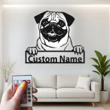 Personalisierte Pug LED-Schild | Individuelles Metall-Haustierporträt | Hundeliebhaber Namensdekoration | Moderne Wandkunst für den Eingangsbereich