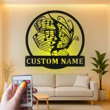 Panneau LED personnalisé avec papillon musical | Décoration murale en métal personnalisée | Cadeau pour amoureux de la musique | Décor de studio illuminé