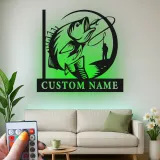 Enseigne de pêche personnalisée avec LED | Décoration murale en métal personnalisée pour pêcheurs | Cadeau décoratif pour maison de lac et chalet