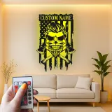 Insegna Personalizzata per Vigile del Fuoco | Arte in Metallo Teschio LED con Bandiera Americana | Regalo con Nome Personalizzato per Vigile del Fuoco | Decorazione Parete Man Cave e Garage