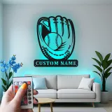 Custom Baseball Glove Led Light Metal Wall Art Personalized Sports Gift for Baseball Fans Game Room Decor